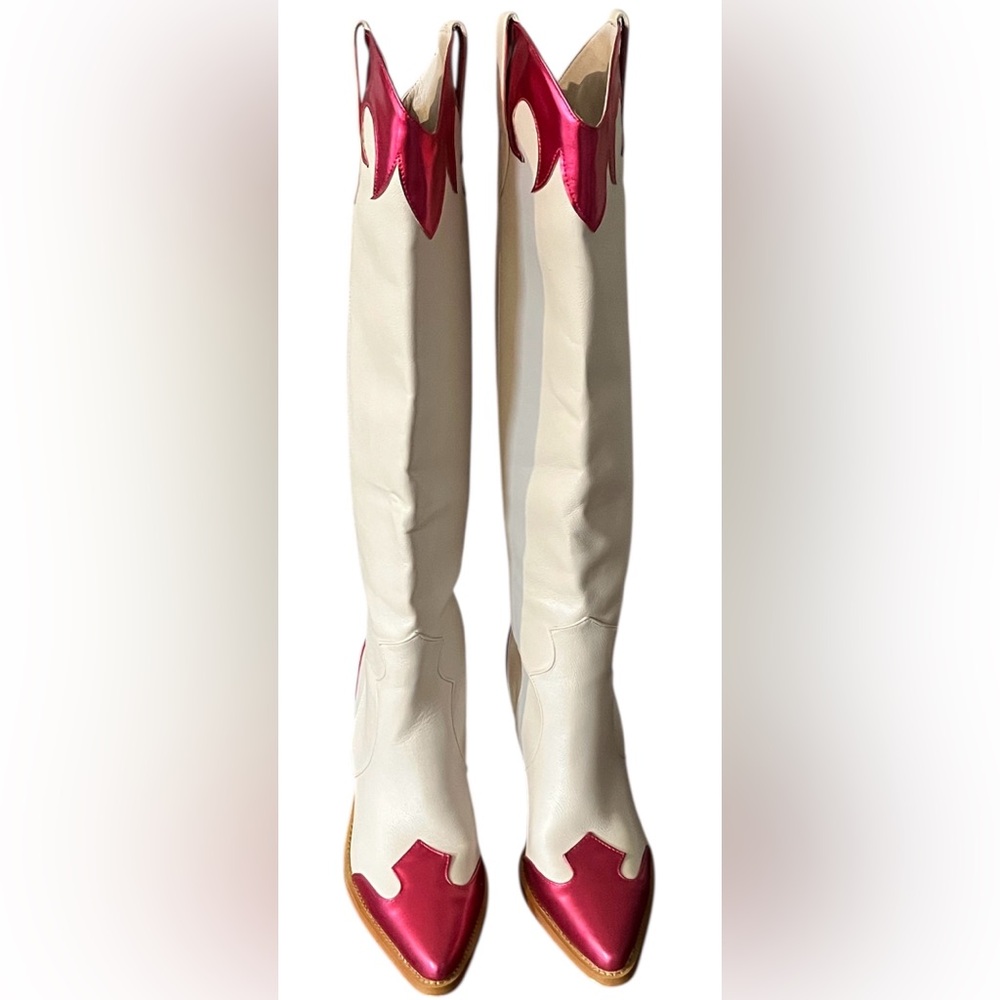 Billini Sayuri knee high cowboy boots white pink metallic flames pointed toe 8 - Picture 4 of 8